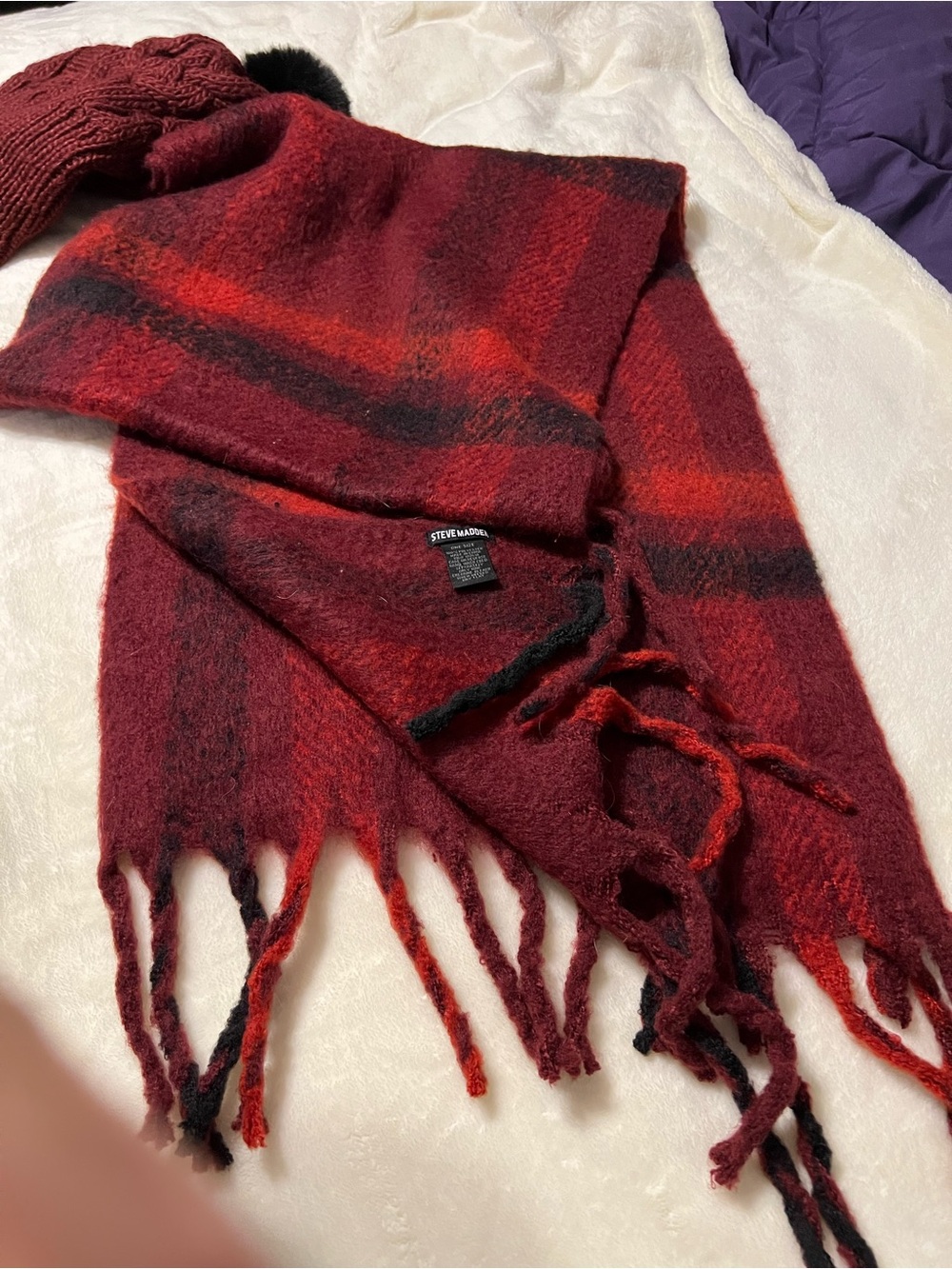 Steve Madden Burgundy and Black Plaid Fringe Scarf